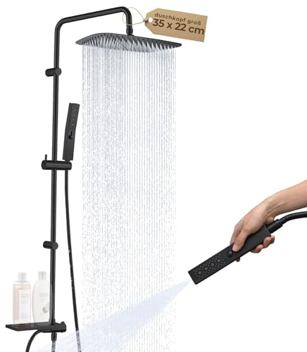 Hardivalue Ganzmetall-Duschsystem mit 35 cm Regendusche | 2-Strahl-Handbrause mit Power-Strahl, an vorhandene Bohrlöcher anpassbar, korrosionsbeständig, ohne Armatur, Mattschwarz
