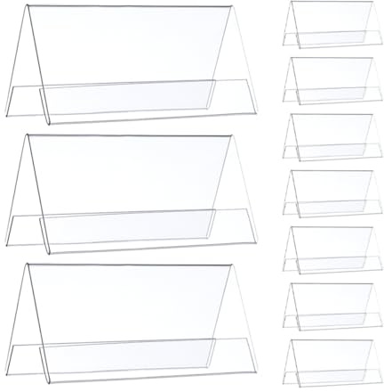 PACKOVE Porte-plaque Nominative de Bureau en Acrylique Transparent, Lot de 10 Supports de Table 90 X 60 Mm, Format V Incliné Double Face, Stable et Polyvalent pour Réunions et Conférences