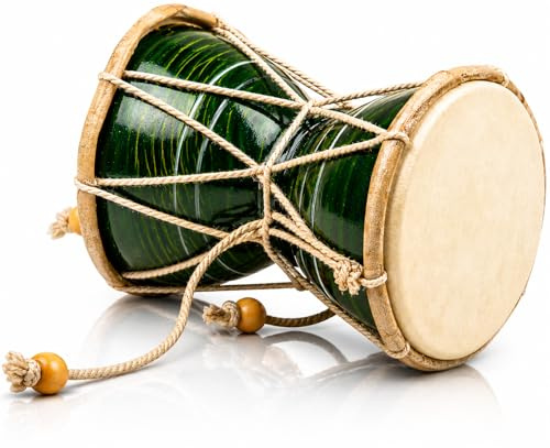 Handmade Wooden & Leather Classical Indian Folk Dumroo Damroo Damaru Hand Drum Set Percussion Decorative Collectible Showpiece World Musical Instruments Fun For Adults Teens Birthday Gift (Green)