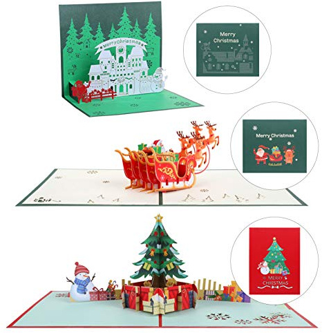 Kesote 3 x julkort popup kort 3D gratulationskort jul med kuvert (julgran + jultomte + hus)