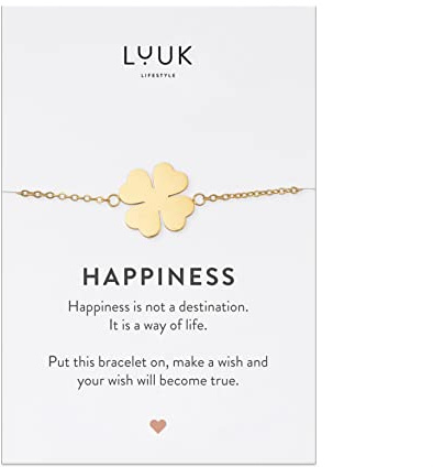 LUUK LIFESTYLE Moderne Edelstahl Damen Armbänder mit Anhänger, HAPPINESS Spruchkarte, filigraner Damenschmuck, Geschenkidee, Glücksbringer, Gold, Silber und Roségold