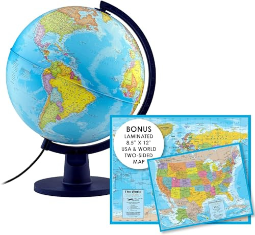 Waypoint Geographic Scout+ Illuminated With Map, World Globe for Kids, Decorative Classroom Globe with Stand, More than 4000 Places, 12” Interactive, Bonus Map Included, Blue