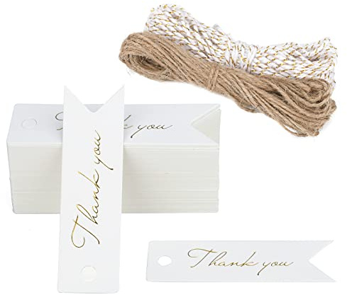 G2PLUS 100 Stk. Klein Thank You Etiketten Tags, 300g/m² Weiß Geschenkanhänger 7x2CM Anhänger Etiketten mit Schnur