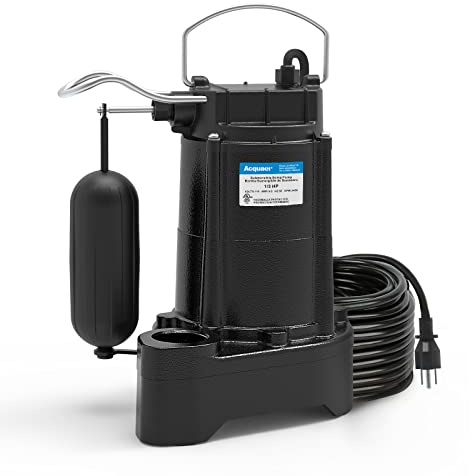 Acquaer 1/3 HP Submersible Sewage/Effluent Pump,3680 GPH Cast Iron Sump Pump with Automatic Integrated Snap-action Float Switch for Basement,Flooding Area…