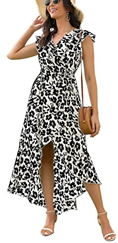 GRECERELLE Robe Longue d'été pour Femmes, Robe midi de Style bohème, Robe Portefeuille à Pois avec col en V, Robe Longue Fluide de Style bohème pour Femmes (FP Big Lily Blanc, Taille M), 27 Big Lily