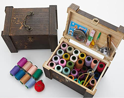 JUNYFFF Nähkasten Nähkorb Nähset, Holz Nähkästchen Mit Zubehör Vintage Organizer Box, Mit 56 Farbfadenspulen Und 15 Nähwerkzeugen