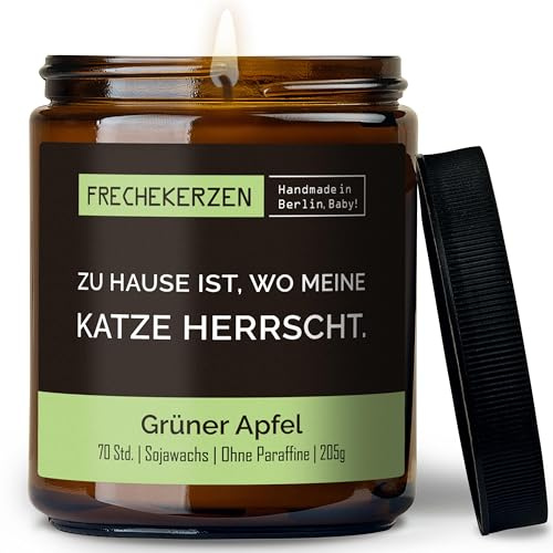 Lustige Duftkerze mit Spruch für Katzen Besitzer & Liebhaber | Handgemacht aus Sojawachs | In Geschenkbox | Nachhaltiges Valentinsgeschenk Gastgeschenk Katzenhalter Cat Lovers |Apfel