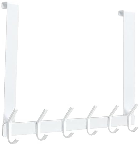MEIJO Türgarderobe zum Einhängen Edelstahl, Türgarderobe Ohne Bohren Kleiderhaken Tür für Deutsche Türen Türhakenleiste Edelstahl mit 6 Haken für Küche, Badezimmer (Weiß, Dicke 2,1 cm)