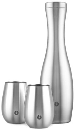 Snowfox Weinkaraffe und Glas Set, Isolierte Edelstahlkaraffe und 2er Set Passende Weingläser Edelstahl