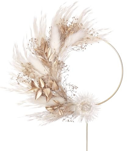 The Baked Studio - Boho Dried Flower Pampas Floral Ring Cake Topper For Cake Decorating With Pampas For Birthdays Baby Shower Christening & Wedding (Gold)