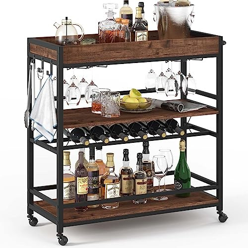 BON AUGURE Bar Cart for The Home, Rolling Home Bar Serving Cart on Wheels, 3 Tier Liquor Beverage Carts with Wine Rack and Glass Holder (Rustic Oak)