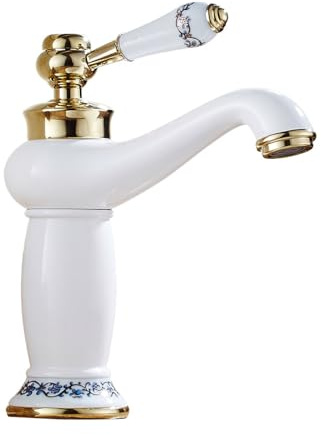 ZYCDP Armatur Badezimmer Retro Badarmatur Kaltes und Heißes Einhandmischer Mischbatterie Waschbecken Bad, Weiß+Gold, Kurz