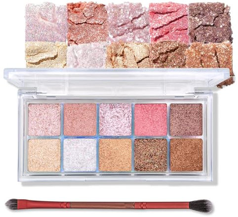 Erinde Palette di ombretti con glitter, 10 colori, shimmer glitter, palette di ombretti per occhi a lunga durata, altamente pigmentato e impermeabile, set di trucco per occhi coreani con pennello