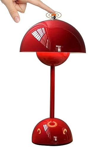 LED Flowerpot Table Lamp - Dark Red Wireless Touch Dimmable Desk Lamp with Battery - 3 Brightness Modes - Decorative Retro Light for Bedroom, Bars, Restaurants