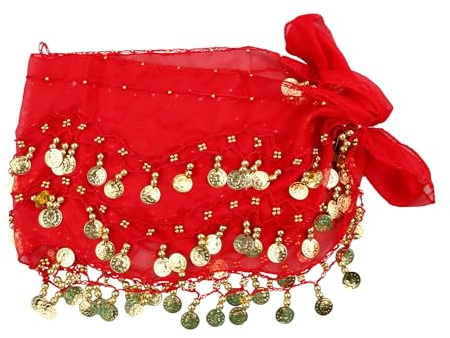 Luckious Belly Dance Hip Scarf - Dangling Gold Coins Skirt for Performance, Yoga, Party & Festival (Red)