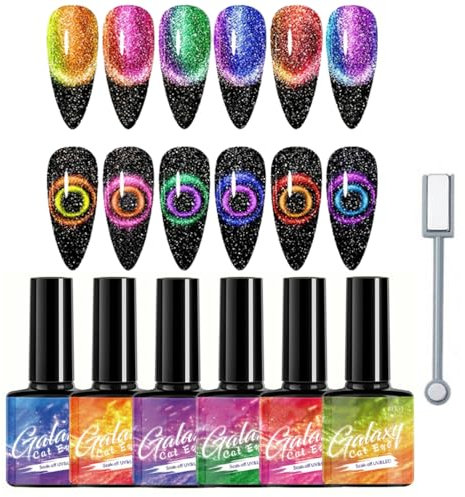 6PCS Cat Eye UV Gel Nagellack Set - 9D Cateye Magnet Shellac Set mit Magnet - Glitzer Cat Eye Gel Nail Polish, Mehrfarbig Soak Off UV LED Gellack Geschenk Set