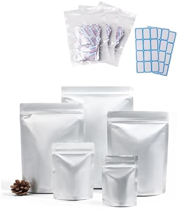 CanHighGer Mylar-påsar för livsmedelsförvaring med syreabsorberare och tom etikett, återanvendbara påsar med dragkedja och termoställbara (100 st 9 x 13 cm)