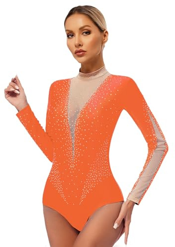 FEESHOW Träningsoverall för kvinnor, långärmad, glitter, gymnastikdräkt, transparent, nätlapptäcke, dans, balett, body med strass, skridskoåkning, danskläder, apelsin, XL