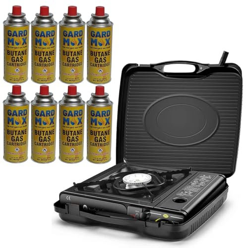 Cocina de gas portátil para camping, estufa de un solo quemador, soporte de sartén esmaltada, barbacoa, caravana, al aire libre, cumple con EN417, estufa de camping premium con sistema de encendido