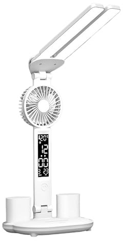 Nachtlicht Projektor Kinderzimmer USB-Ladeanschluss Verstellbare Faltbare Tischlampe Mit Uhr Datum Ventilator Stifthalter Temperatur Stufenlose Dimmbeleuchtung Home-Office-Tisch (White, One Size)