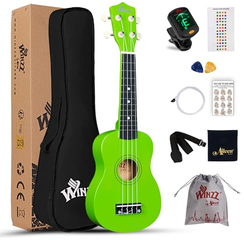Winzz Soprano Ukulele Starter Kit For Beginners with Bag, Clip-On Tuner, Extra Strings, Strap, Plectrum, Fret Stickers, Chords Card, Polishing Cloth, Light Green