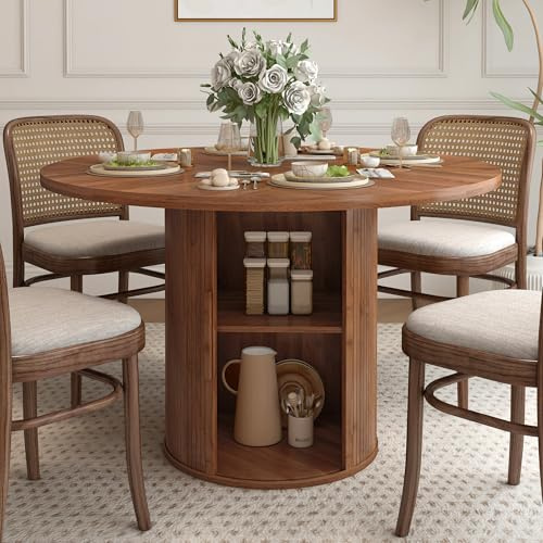 weselon 47 inch Round Dining Table for 4, Kitchen Table Dinner Table with 2-Layer Storage Shelf and Wood Slide Door for Home Dining Room Living Room (Walnut)