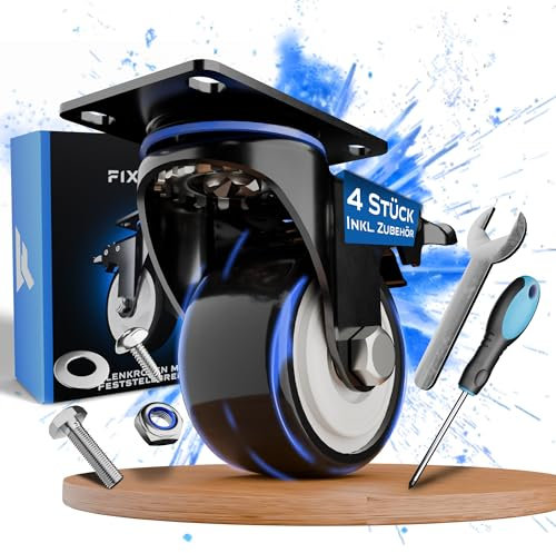 FIXCRAFT Hochwertige Schwerlastrollen mit Bremse [4 Stk] - Möbelrollen mit Bremse mit 50mm, 75mm, 100mm - Lenkrollen bis 400kg, Transportrollen für Möbel & Industrie - Rollen Schwerlast