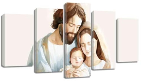 ZQQART Christliche Heilige Familie Leinwand Wanddrucke 5 Tafeln Baby Jesus Familie Bild Jungfrau Maria Joseph Gemälde Katholisches Poster Wanddekoration (Weiß,25x40cmx2 25x50cmx2 25x60cmx1)
