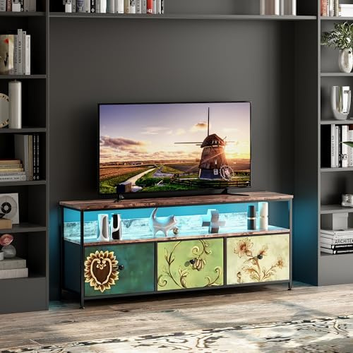 FOERPL Mueble para TV LED, 137 cm, mesa de TV, mueble para televisión con cajón LED y tejido, mesa de TV para sala de estar con almacenamiento, banco bajo móvil para TV para sala de estar, dormitorio