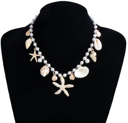 WUSJCOF Meerjungfrau Halskette mit Muscheln und Perlen – Modeschmuck für Damen, Verstellbare Kette für Karneval, Fasching, Strandparty und Mottoparty