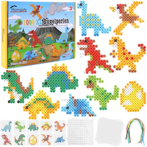 Homgaty Große 10mm Bügelperlen Dino Set, 1000 Stück XL Steckperlen mit Platten, 10 Muster und Bügelpapier, 10 Bunte Farben XL Bügelperlen, Kreatives Perlenset für Kinder ab 3 Jahren