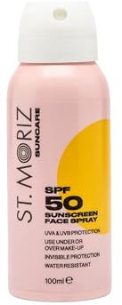 St Moriz Suncare SPF 50 Sunscreen Face Spray | UVA & UVB Invisible Protection SPF 50 Sun Protection Face Mist with Vitamin E | Wear Under or Over Makeup | Dermatologically Tested | Vegan | 100ml