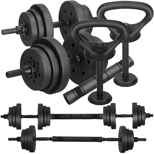 Set d'haltères de 20 kg, réglables, courts et longs, avec fonction Kettlebell, poids en bitume avec fermetures en étoile et raccord rembourré, SPRINGOS