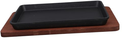 VINTORKY Heavy Duty Cast Iron Fajita Skillet Wooden Base for Sizzling Meats and Seafood Teppanyaki Plate for Bbq Grilling and Induction Cooktops