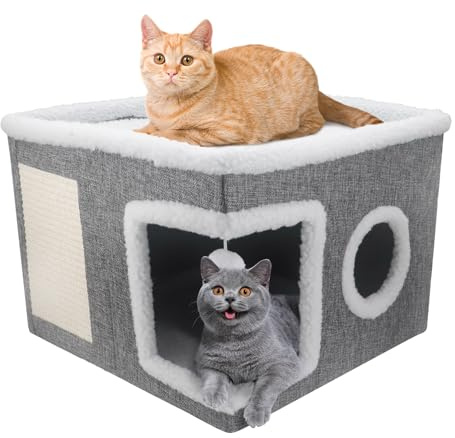 Cama para gatos de interior, cama grande cubierta para gatos, cueva con bola mullida y alfombrilla para rascar, plegable, para gatitos, Kitty Pet (gris, grande)