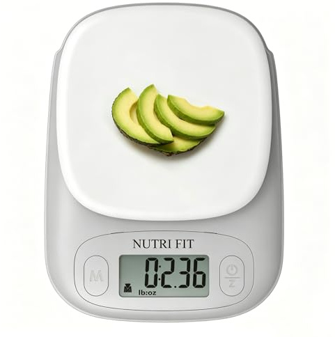 NUTRI FIT Mini digital köksvåg ABS-plast, 5 kg-1 g/11 lb, grå-vit | Bärbar matvåg för resor, camping, enheter g/ml/lb: oz/fl'oz, LCD-skärm, 2 x AAA-batterier, kompakt storlek 16 x 12 cm