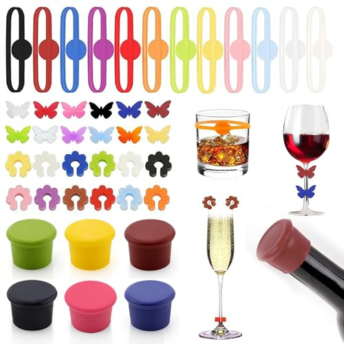 Luckwaii Glasmarkierer Silikon, 42 Stück Glas Markierung Trinkgläser Weinglas Anhänger Farbige Wein Marker, Trinkglas Markierer Flaschenmarkierer für Bar Party Deko Wie Trinkglas Weingläser (4 Formen)