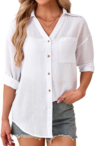 Enmain Camicia in Lino Donna Manica Lunga Bianco Scollo a V Camicie Estiva Donna Elegante Taglie Forti Bluse Misto Cotone-Lino Camicetta da Spiaggia Viaggio XL