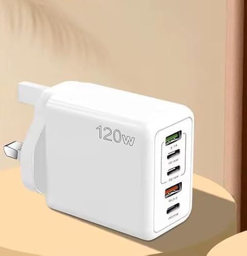 5-Port Fast Charger Plug – 3× USB-C & 2× USB Multi-Port Wall Adapter | 5V 2.4A PD Charger with UK/US/EU Plugs for Phones, Laptops, Tablets (White)