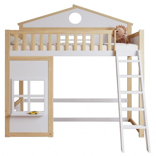 Litera infantil de 90 x 200 cm, cama alta para 2 niños, cama-casita, cama doble de madera con somier y barandilla, pino, sin colchón, color blanco y natural.