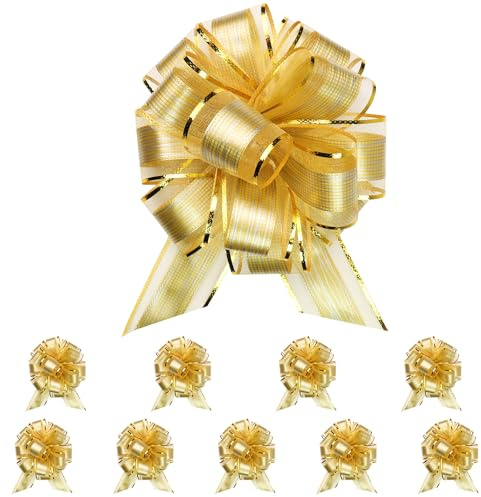 10 Stück Große Geschenkschleife 17cm Gold Ziehschleife mit Geschenkbänder | Dekoschleifen für Hochzeit, Geburtstag und Weihnachten, Ideal für Geschenkverpackung und Festliche Dekoration