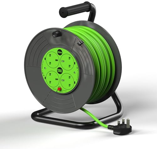 SLx Extension Lead 25m 4 Socket Open Cable Reel with Thermal Cut Out, Heavy Duty Long Reach Extension Cable for Garden, DIY and Workshop, 13A Fused UK Plug in Grey & Green