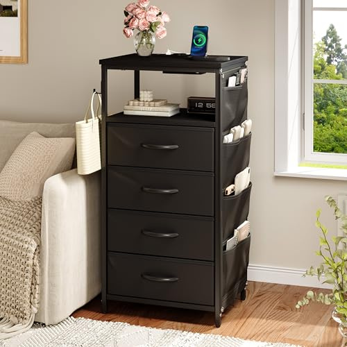 OLIVIBED Tavolino con presa elettrica, comodino con 4 cassetti e scomparto aperto, in legno, per piccoli spazi, soggiorno, camera da letto, nero