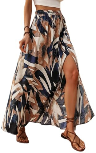 EIRUKON Jupe Longue Femme Ete Fluide Bohème Jupes Elegant A-Ligne Taille Haute Elastique Maxi Jupe de Plage Fendue Imprimé Fleur Décontractée Skirt