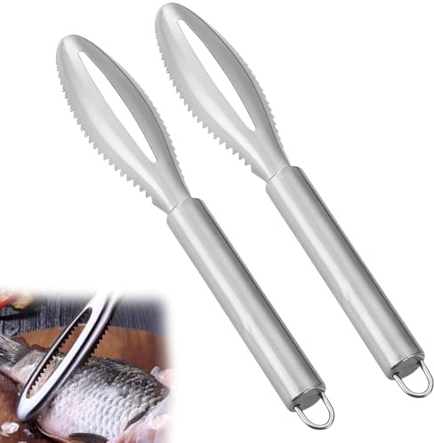 BLPRKOT 2 Piezas Removedor Escamas Pescado de Acero Inoxidable, Raspador Escamas Pescado, Quitar Escamador de Pescado, Desincrustadora de Pescado con Dientes de Sierra, para Cocina, Marisquerías