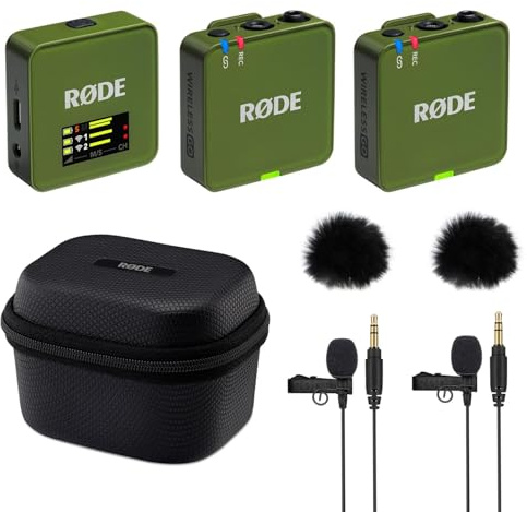 Rode Système de microphone sans fil GO Gen 3, 2 canaux, Moss kaki, avec étui de charge, 2 microphones Lavalier GO et 2 pare-vent en fourrure