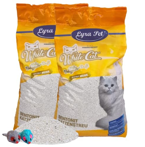 Lyra Pet® 30 Liter (2 x 15 L) White Cat® Katzenstreu Bentonit +2 Spielmäuse | Klumpstreu mit Babypuder Duft - 350 % Saugkraft - Naturprodukt - Stark Klumpend - Neutralisiert Gerüche - Staubarm