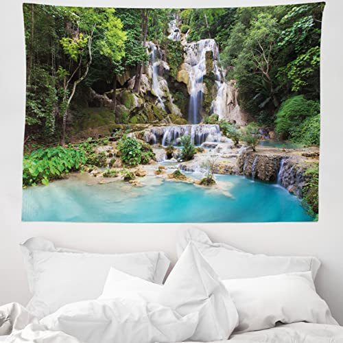 ABAKUHAUS Wasserfall Wandteppich, Laos Vietnamesisch See aus Weiches Mikrofaser Stoff Waschbar ohne Verblassen Digitaldruck, 150 x 110 cm,Blau und Grün