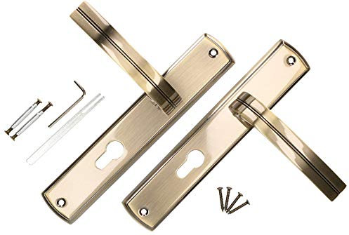 KOTARBAU® Juego de manillas para puerta, Manilla con agujero de cilindro en Zamak 90 mm, Manijas de puerta de placa rectangular larga, Manetas interior y exterior, Picaportes acabado cuero, Oro viejo