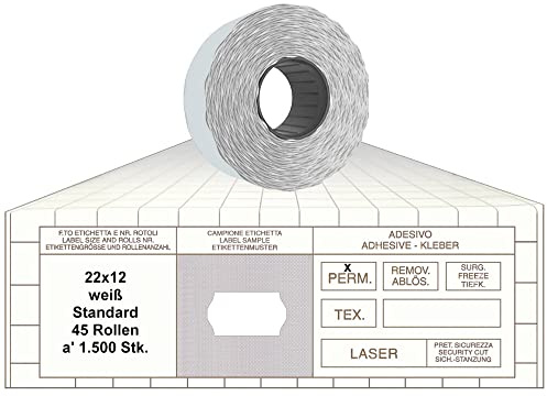 Preisauszeichner Etiketten 22x12 Standard weiß 45 Rollen permanent Preisetiketten für Printex Tovel Contact Meto Blitz Open Print Jolly